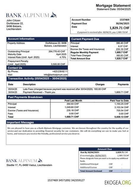 Relevé hypothécaire de la Liechtenstein Bank Alpinum Modèle Word et PDF